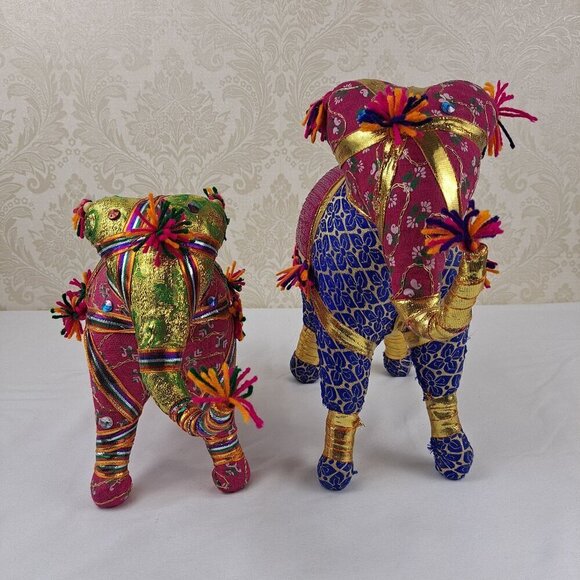 Pair of Fabric Elephants Free Standing Pink Orange Gold Sequins  Beads Tassels - Picture 2 of 15